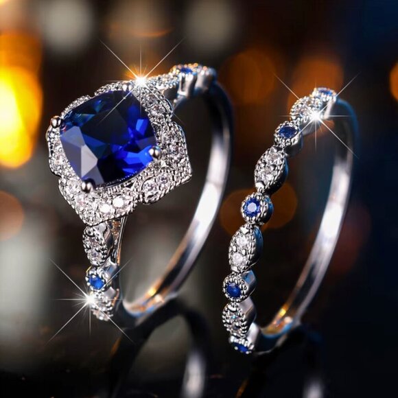 14k White Gold Blue Sapphire Diamond Ring Cushion Cut - Picture 1 of 4